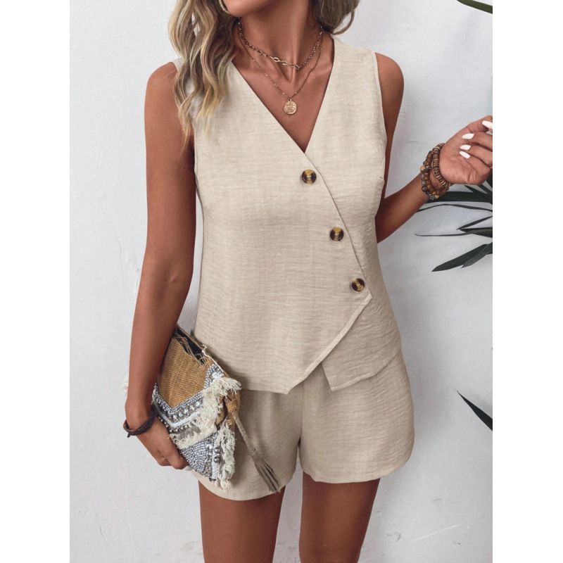 Women's Clothing Summer Suit Fashion Casual V Neck Irregular Vest Shorts Suit_ecoleips.com