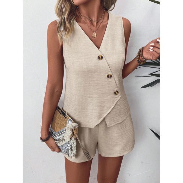 Women's Clothing Summer Suit Fashion Casual V Neck Irregular Vest Shorts Suit_ecoleips.com