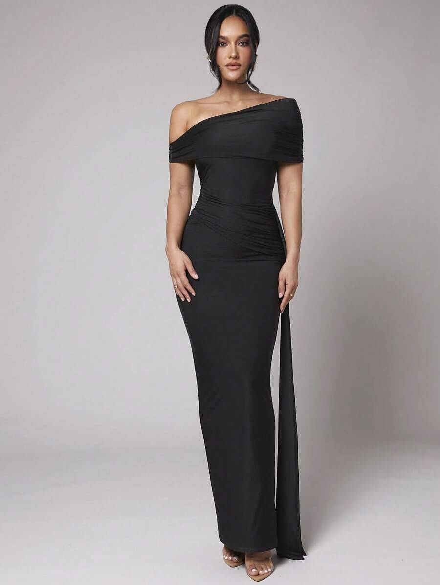 Elegant Solid Color Bodycon Midi Dress, High Waist Off-Shoulder Knit Dress For Women, Chic Casual Party Wear_ecoleips.com
