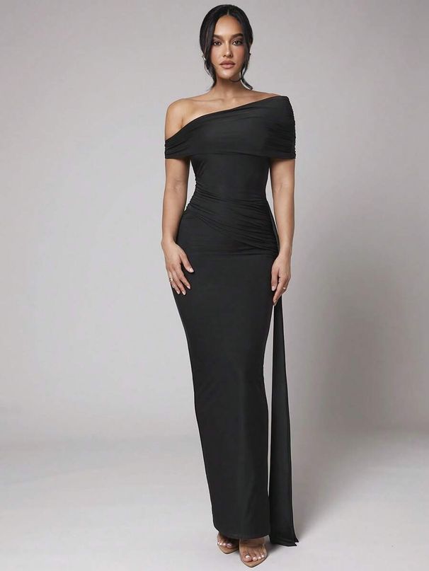 Elegant Solid Color Bodycon Midi Dress, High Waist Off-Shoulder Knit Dress For Women, Chic Casual Party Wear_ecoleips.com