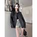 Aria Basics American Retro Jacket For Women, Spring And Autumn Black Sweet Cool Style Motorcycle PU Leather Loose Slim Fit Long_ecoleips.com