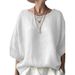 2026 Solid Color Comfortable And Casual Versatile Crew Neck Cotton And Linen Shoulder Loose Large Size Women's Clothing_ecoleips.com
