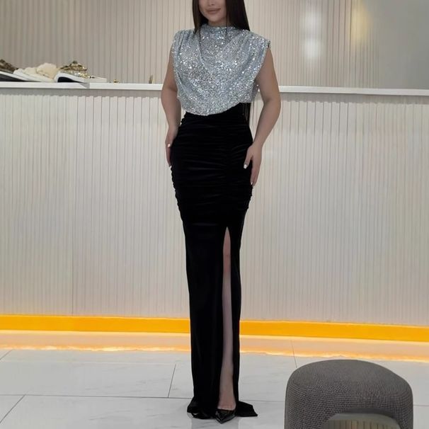 Women's Clothing Spring And Autumn Sequined Sleeveless Dress Casual Party Slit Dress_ecoleips.com