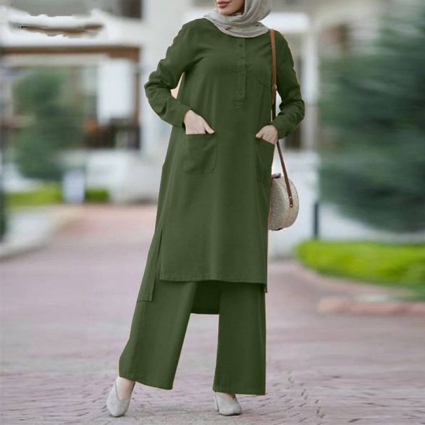 Eid Muslim Set Women 2 Piece Musulman Ensemble Dubai Pockets Blouses Wide Leg Pants Casual Arab Ramadan Kaftan 2025 Outfit Suits_ecoleips.com