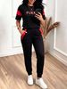 Women's Sporty Color Block Letter Print Top with High Waisted Trousers Casual Set Spring/Summer Short Sleeved Pant Outfit_ecoleips.com