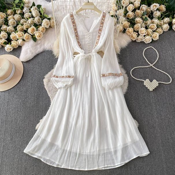 Elegant Embroidered Ruffle V Neck Dress Slimming Design Ethnic Retro Style Women's Summer Dress_ecoleips.com
