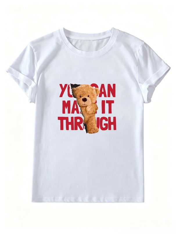 Women Cute Peeking Bear Graphic T-Shirt Positive Letter Print Round Neck Short Sleeve Casual Loose Streetwear Summer Tops_ecoleips.com