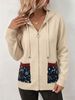 Beige Floral Pocket Pit Rib Knit Hooded Cardigan, Loose Lightweight Breathable Soft Skin-touch Zip Knit Jacket_ecoleips.com