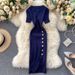 Women's Clothing Simple Solid Color Breasted Slim Fitting Short Sleeved Knitted Slit Hip Wrap Dress_ecoleips.com