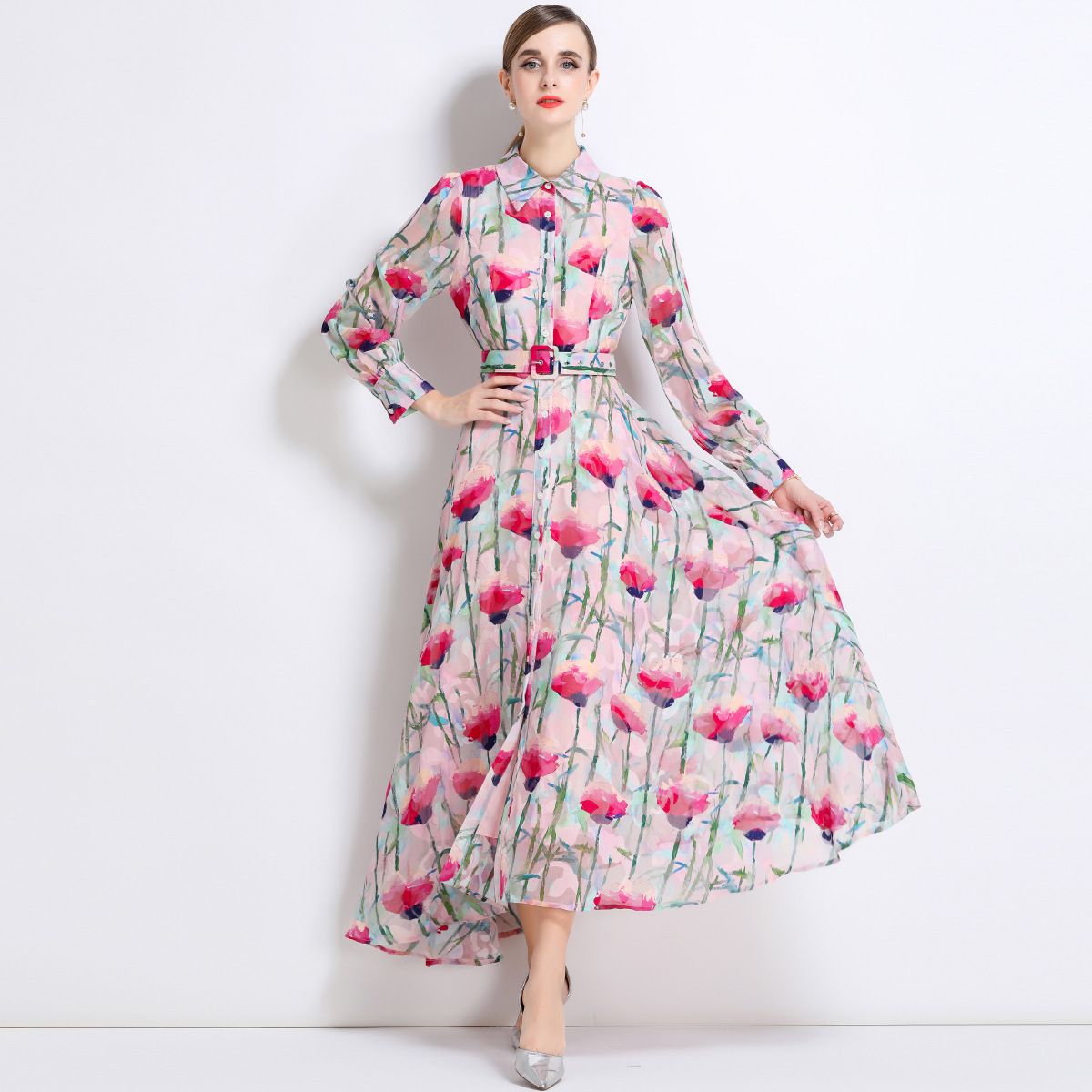 Elegant Floral Print Maxi Dress With Belt, Long Sleeve A-Line Dress For Women, Vintage-Inspired Fall Fashion_ecoleips.com