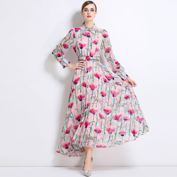 Elegant Floral Print Maxi Dress With Belt, Long Sleeve A-Line Dress For Women, Vintage-Inspired Fall Fashion_ecoleips.com