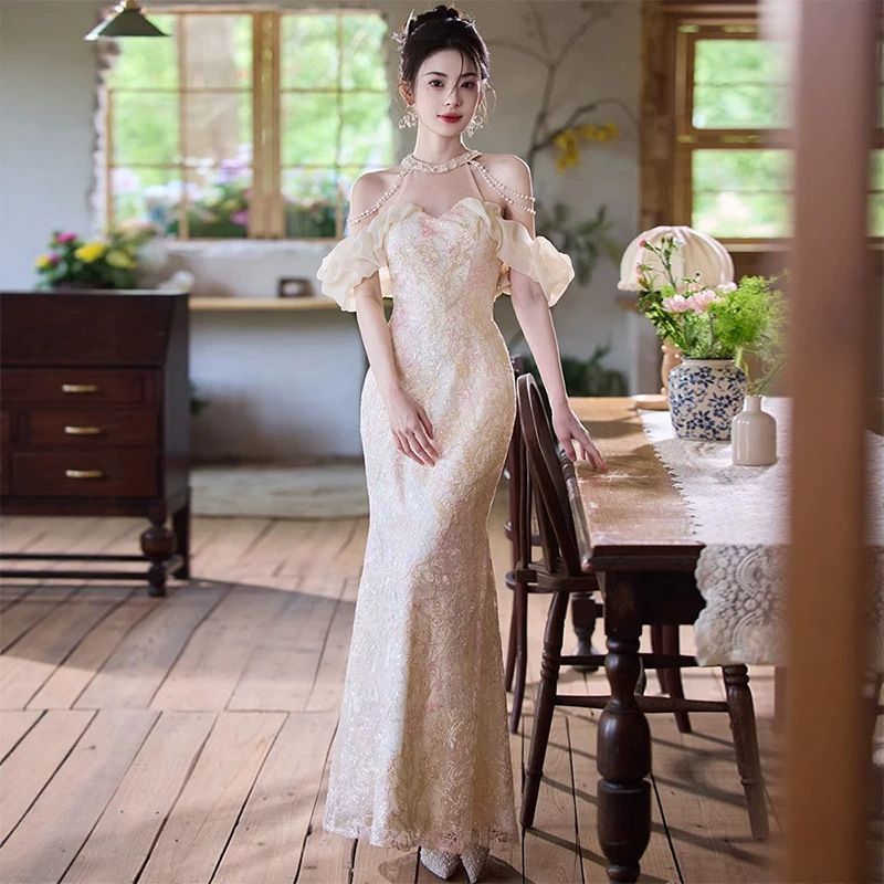 Champagne Mermaid Evening Gown For Women, Elegant Long Formal Dress For Birthday Party, Prom, Engagement, Cocktail_ecoleips.com