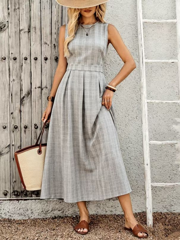 Xiyin Women's French Style Plaid Dress Summer Waist Cinching A-Line Midi Dress Independent Store European American Cross Border New_ecoleips.com