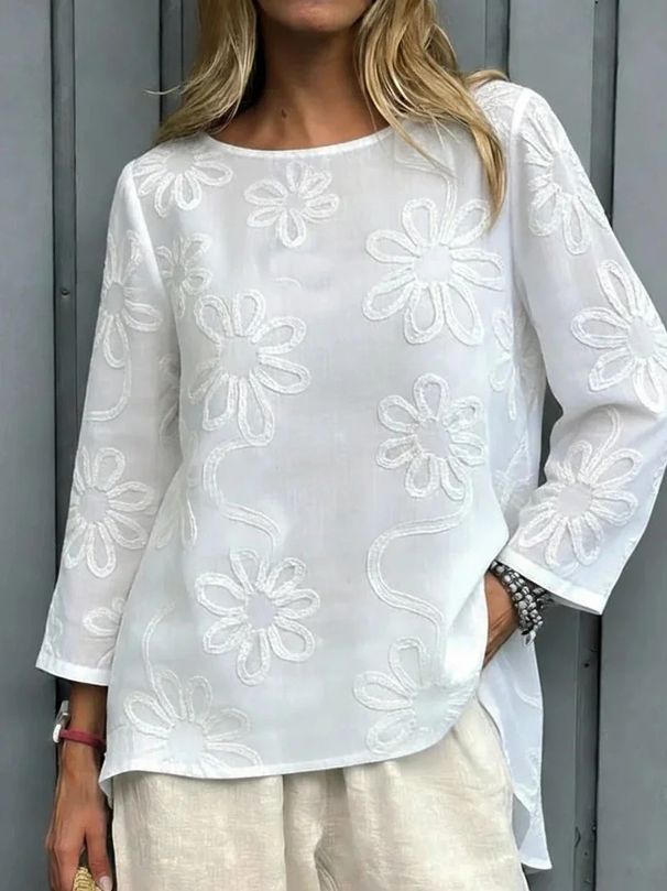 2026 Cross-Border Foreign Trade Clothing Independent Site Spring New Solid Color Floral Loose Long-Sleeve Top_ecoleips.com