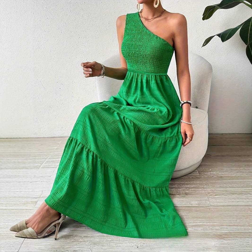 Women's Clothing Mid Length Fashion Oblique Shoulder Dress_ecoleips.com