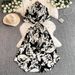 Women's Clothing Printed Short Sleeved Dress Autumn Polo Collar Tie Wrap Waist Design Niche And Unique Temperament Long Dress_ecoleips.com