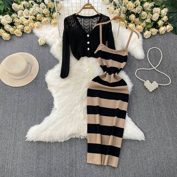 Women's Clothing V Neck Hollow Knitted Long Sleeved Sunscreen Cardigan Short Jacket Striped Temperament Suspender Dress Set_ecoleips.com