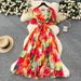 Women's Clothing Summer New Style High Grade Strap Waist V Neck Flared Sleeve Slim Temperament Printed Chiffon Dress_ecoleips.com