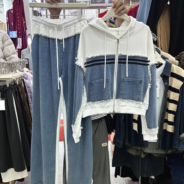 Women's European Style Patchwork Denim Zip Up Hooded Top And Elastic Waist Trousers Two Piece Set Spring New Arrival_ecoleips.com