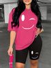 Summer Women's Casual And Fashionable Smiling Face Printed Loose T-shirt+shorts Two-piece Sportswear Suitable For Daily Wear-112_ecoleips.com