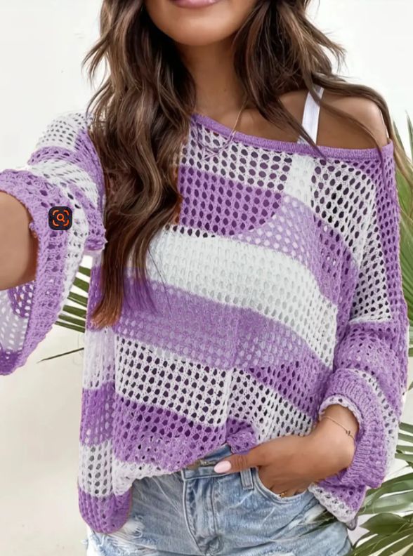 Bohemian Vacation Style Mesh Hollow Out Knit Smock, Loose Retro Aesthetic, Easy To Match Various Styles, Perfect For Beach Holiday & Daily Street Wear_ecoleips.com