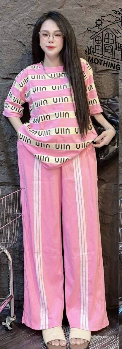 Women's Fashion Suit Striped Letter Print Short Sleeve Top With Wide Leg Pants Casual Two-Piece Set Plus Size Loose Fit Summer Style_ecoleips.com