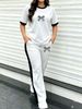 Women's Simple Sport 2-piece Set, Classic Print Colorblock Tee & Stretch Knit Side-stripe Drawstring Wide Leg Pants For Spring Summer Commute & Gym_ecoleips.com
