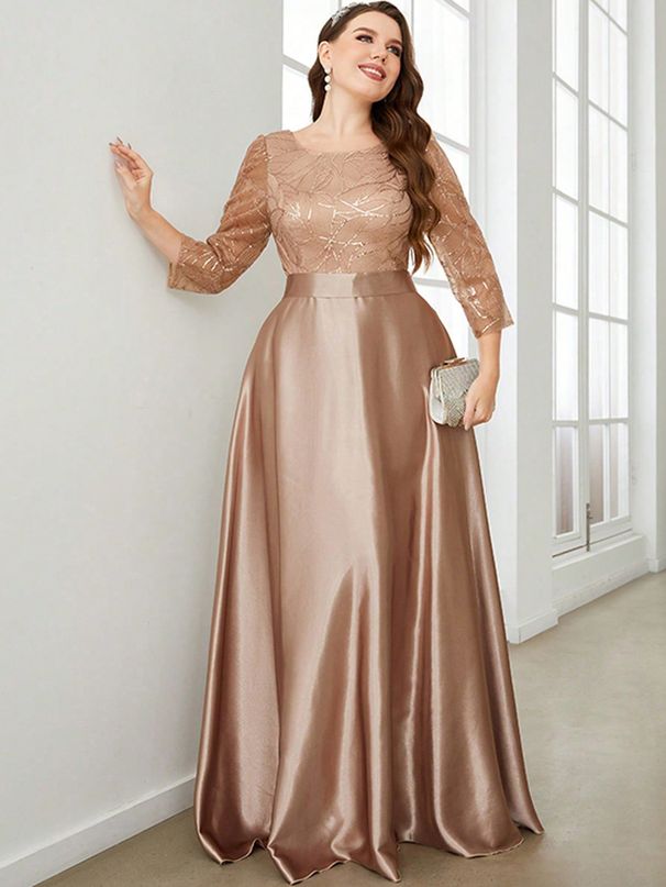 Women’s Clothing Round Neck Long Sleeve Sequined Satin Long Swing Dress Evening Dress Prom Dress Party Dress_ecoleips.com