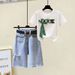 Women's Clothing fashion color matching embroidery short-sleeved T-shirt raw edge hip-wrapped A-line high waist denim skirt_ecoleips.com