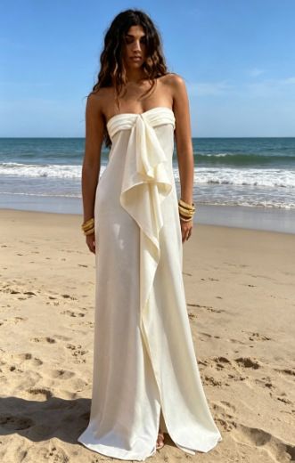 Strapless Bow Tie Split Maxi Dress Vacation Beach Style Flowy Long Dress For Women Summer Holiday Travel_ecoleips.com