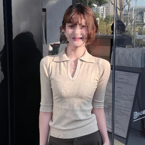 Korean-Style Polo Collar Half-Sleeve Knit Base Shirt For Women, New Spring-Summer Slim-Fit Inner Top With Straight_ecoleips.com