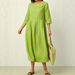 Women's Pleated Cotton Linen Dress Solid Color Casual Loose Button Crescent Neck Three Quarter Sleeve 2026 European And American_ecoleips.com