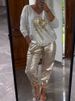 Summer Women's Outfit In Large Size: The "Eye Of Evil" Gold-Plated Top And Shiny Long Pants Set_ecoleips.com