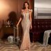 Champagne One-Shoulder Sequin Evening Gown – Elegant Mermaid Tail Dress With High Waist & Crystal Beading (S-XL, Glamorous Partywear)_ecoleips.com
