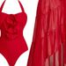 New 2026 Fiery Red Elegant One Piece Bikini Skirt With Slit Maxi Skirt Beach Swimsuit Set Spaghetti Strap Women's Swimwear_ecoleips.com
