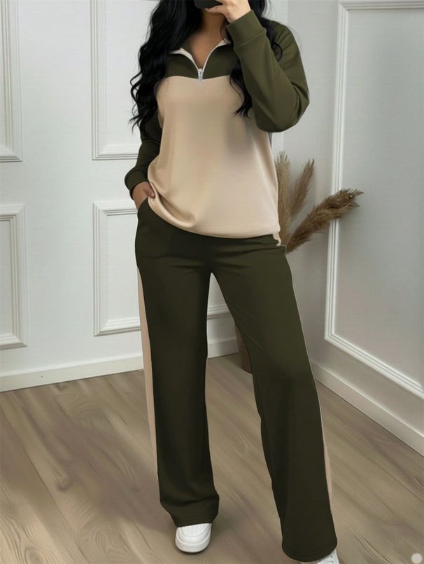 Women's Elegant Sportswear Set Casual Lapel Top Wide Leg Pants Loose Fit Autumn Winter Outfit_ecoleips.com