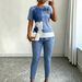Women's Summer Two Piece Set Faux Denim Print Patchwork round Neck Short Sleeve Tie Dye Top Slim Fit Skinny Pants_ecoleips.com