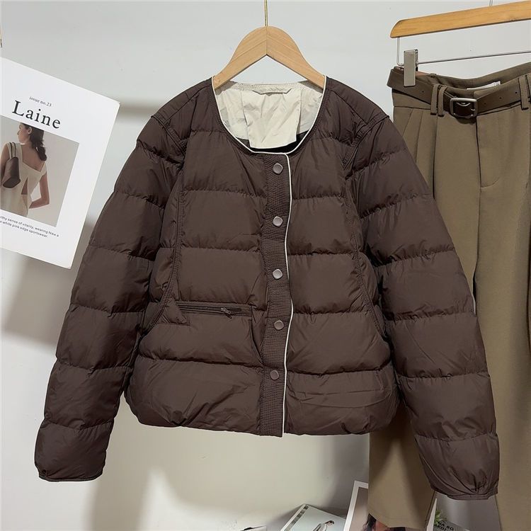 Women's Cropped Puffer Jacket – Lightweight Quilted Coat With Round Neck, Single-Breasted Closure, 3D Textured Polyester, Relaxed_ecoleips.com