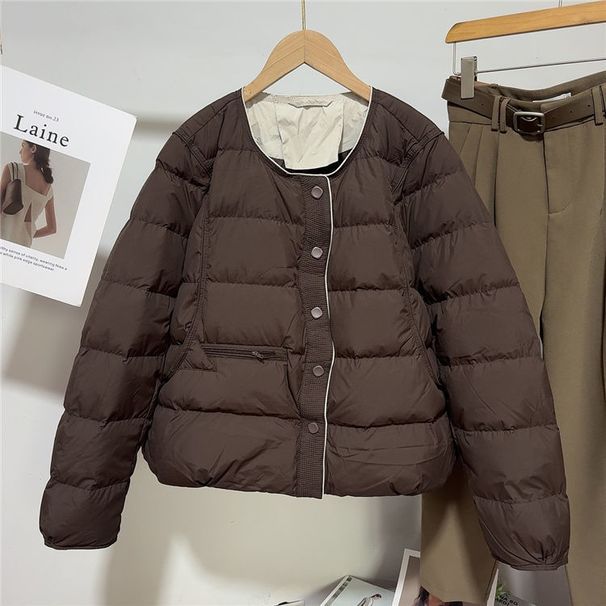 Women's Cropped Puffer Jacket – Lightweight Quilted Coat With Round Neck, Single-Breasted Closure, 3D Textured Polyester, Relaxed_ecoleips.com