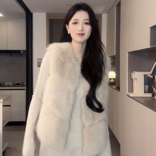 Aria Basics Autumn And Winter Atmosphere, Gentle White Moonlight, Women's High-end Slim-fit Thick Eco-friendly Fur Vest With Leather_ecoleips.com