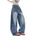 Vintage Star Embroidered Baggy Jeans For Women, Gradient Washed Wide Leg Denim Pants, Loose High Waist Casual Trousers, Streetwear Daily Wear Y2K Over_ecoleips.com