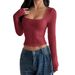 Women's Y2K Square Neck Long Sleeve T-Shirt Slimming Ribbed Base Layer Top Solid Color Autumn Style European And American Fashion_ecoleips.com
