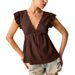 Women's Spring/Summer Fashion: Lace-Trimmed V-Neck Short-Sleeve T-Shirt With Floral Design_ecoleips.com