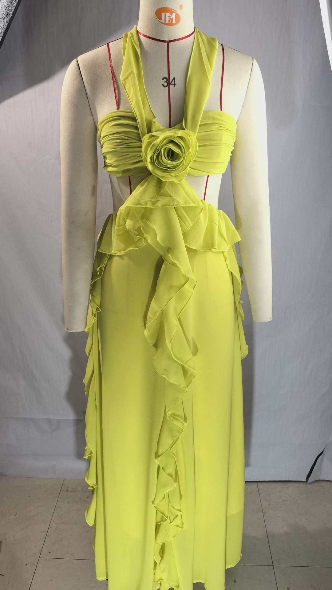 Popular European American Backless Chiffon Tulle Dress Sexy Strapless Ruffle Long Skirt Tie up Style in Stock_ecoleips.com