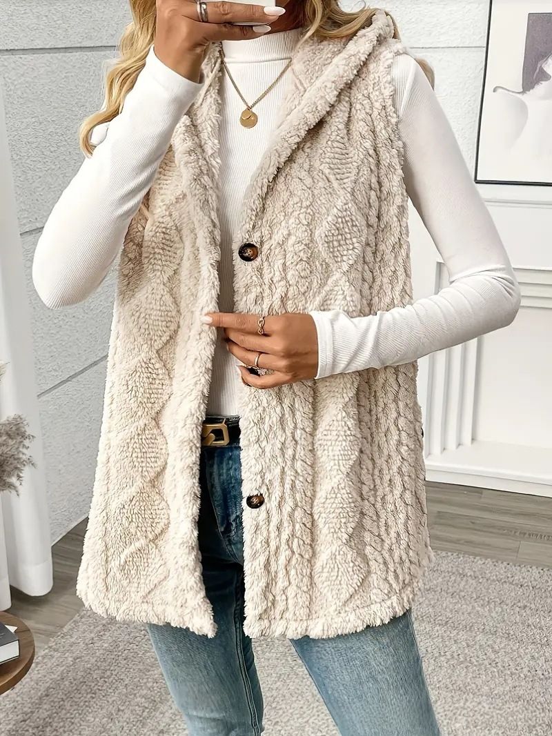 Women's Solid Color Plush Hooded Cardigan Button Down Outerwear For Autumn Winter Popular_ecoleips.com
