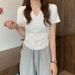 Women's Solid Color T-Shirt V Neck Drawstring Slim Fit Summer New Style Top_ecoleips.com
