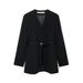 2025 Autumn New Style Women's Mid-Length V-Neck Belted Blazer + High-Waisted Flared Pants Set_ecoleips.com