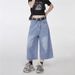 American Loose Fit Washed Vintage Cropped Denim Shorts For Women High Design Wide Leg Mid-Length Pants Street Style_ecoleips.com