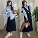 Autumn New Korean Fashion V-Neck Vest Long + Striped Shirt Two-Piece Set Maternity Dress_ecoleips.com