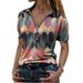 Plus-Size Women's Clothing T-Shirt, Summer Short-Sleeved Zipper V-Neck Contrasting Color Printed Base Layer Top_ecoleips.com